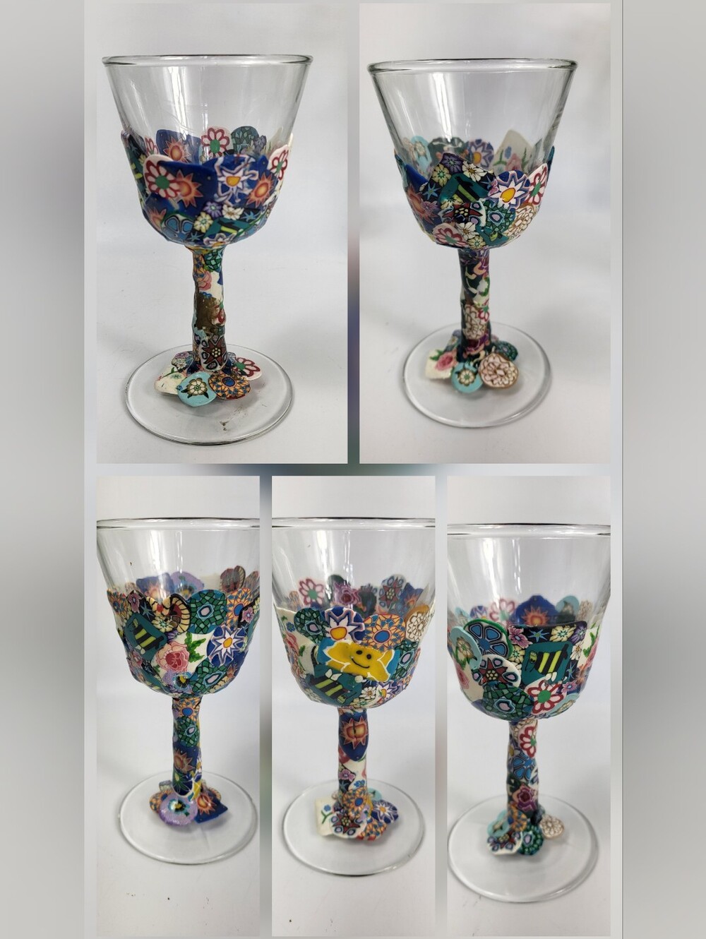 5 Wine Glasses w/Handcrafted Multicolor Millefiori Clay - Bohemian Artisan Art